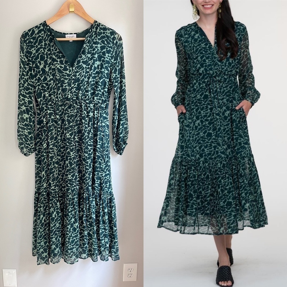 Olivia James Lydia Long Sleeve Midi Dress Green Geo Print Size Small